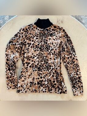 Chico's Leopard Print Long Sleeve Mock Neck Knit Top - Black & Brown Size 0